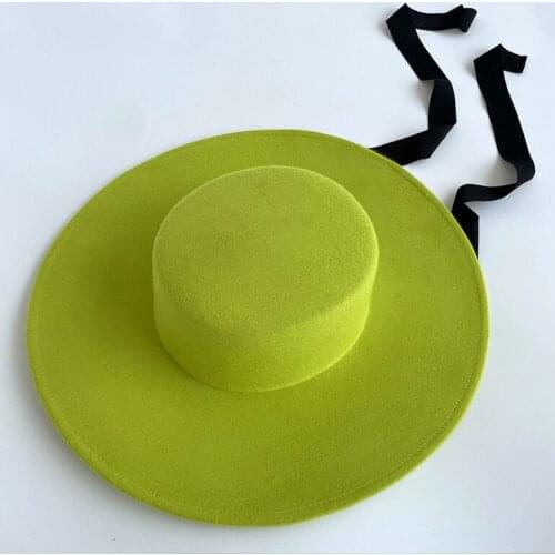 King wheat New Winter Big Brim Flat Roof Black Wool Womens Fedoras Stage Performance Shot Bandage Solid Simple Fashion Felt Cap