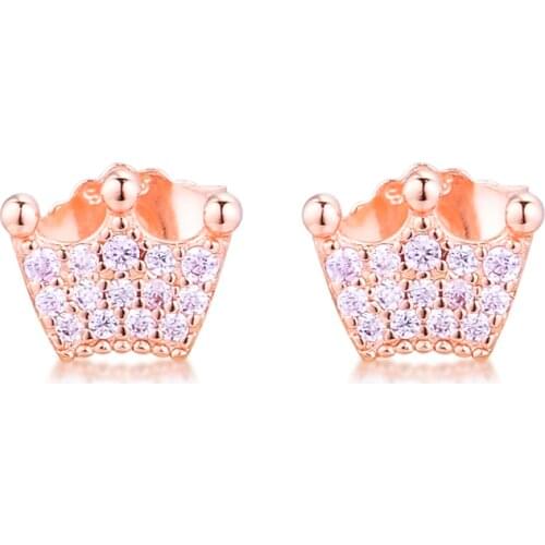 100% 925 Sterling Silver Jewelry Rose Color Pink Enchanted Crowns Stud Earrings For Women Sterling-Silver-Jewelry