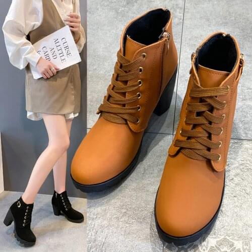 Winter Leisure Womens High Heels Warm High Heels Snow Ankle Boots High Quality Lace European Ladies Shoes PU High Heels Boots