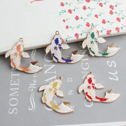 10PC/Lot Diy Jewelry Accessories Gold Color Tone Dropping Oil Pendant Cute Fish Enamel Charms Earring Bracelet Making 34*37mm