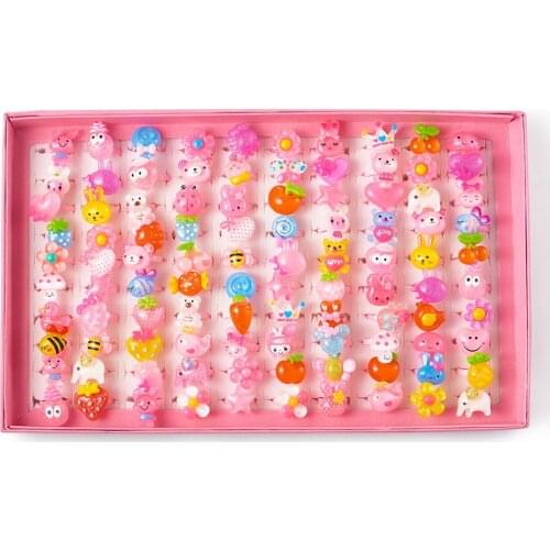 100pcs/box Cute Childrens Day Jewelry Plastic Kids Rings for Girls, with Mixed Style Resin Cabochons, Mixed Color, 14mm