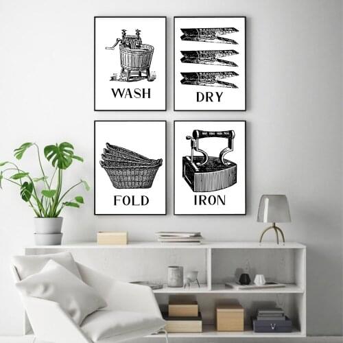 Abstract Wall Art Wash Dry Fold Iron Laundry Sign Black White Posters And Prints Canvas Painting Nordic Modern Home Decoration