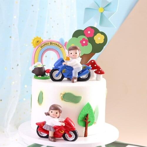 Motorcycle Boy Girl Cake Topper Baby Shower Birthday Resin Riding Doll Ornaments Racer Theme Baking Supplies Leaf silicone Mold