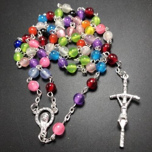 Freeship 3pcs/set multicolor catholic Rosary necklace,beautiful 6mm faux cat eye bead rosary,pendant Necklace virgin mary center