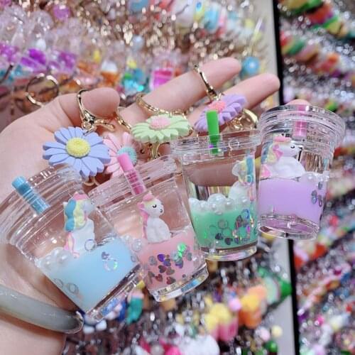Floating Liquid Unicorn Keyring Glitter Quicksand Acrylic Key Chain Keychain Car Bag Charm Milk Tea Cup Pendant Women Girl Gift