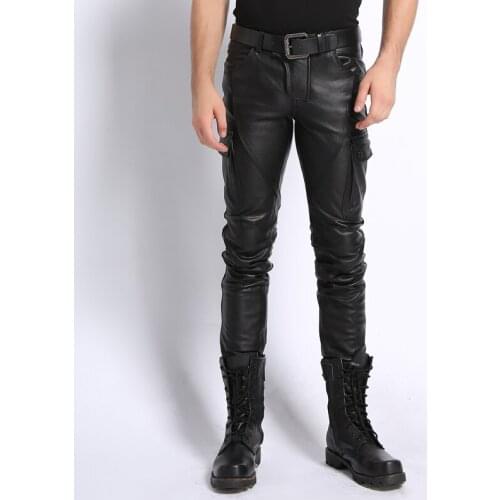 Genuine Leather Pants Men Real Leather Sheepskin Motorcycle Biker Male Trousers Autumn Winter Thick Pants Pockets Plus Size 5XL