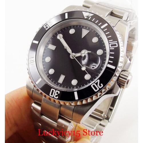 BLIGER Sterile 40mm Black Dial Self Winding Mens Watch Sapphire Glass Date Window Ceramic Bezel Mental Strap