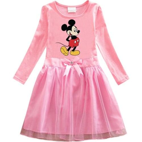 Disney Mickey Childrens Dress Cartoon Girl Princess Cotton Pullover Pleated Mesh Long Sleeve Dress