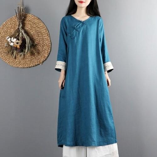Cotton Linen Chinese Dress Qipao Ladies Robe Vintage Femme Cheongsam Cotton Linen Autumn Dresses Chinese Style Dress 12157