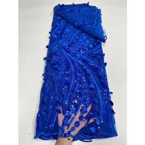 Royal Blue French Tulle Lace Fabric 2021 High Quality 3D Flower Sequin Sew African Lace Fabric Milk Silk Tissue For Bridal Dress
