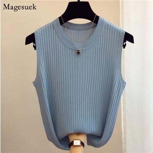 Summer Knitted Tank Tops Women Fashion Sleeveless Casual Women Tops Vests Thin Ice Silk O-neck Solid Tank Solid Black Tops 13687