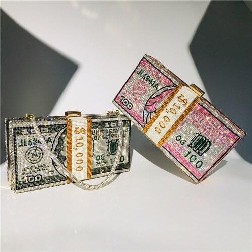 TOYOOSKY Stack of Cash Designer Box Handbags Women Crystal Money USD Bags Dollar Design Diamond Dinner Party Purse Clutch Bags