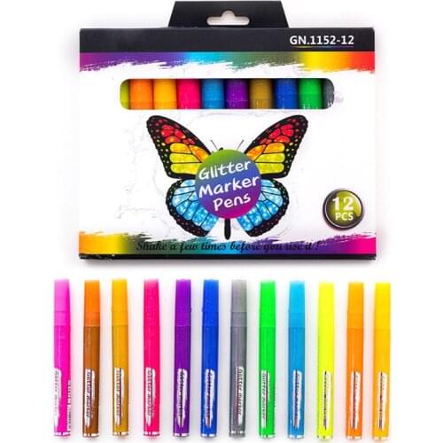 12 Colors Glitter Highlighter Pen Fluorescent Marker Set DIY Journal Graffiti Drawing Scrapbooking Stationery