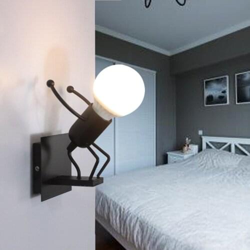 New Creative LED Wall Lamp Wall Mounted Pendant Lamp E27 Iron Small Man Shape Bedroom Bedside Lamp Children Room Living Room