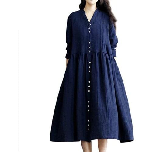 2019 Spring And Summer New Women Plus Size Loose Literary Retro Cotton Dress Bohemian Solid Colour Long-sleeved Long Dress bl15
