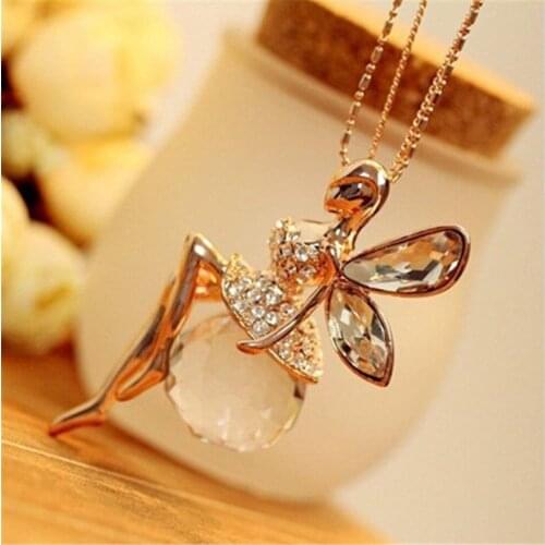 Charm Vintage Ballet Fairy Crystal Butterfly Necklace Long Sweater Chain Luxury Gold Big Rhinestone Angel Wing Necklace For Girl