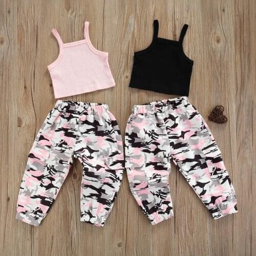 OPPERIAYA Baby Girls Casual Two-piece Clothes Casual Set Boat Neck Camisole and Camouflage Printed Pattern Pants Black Pink