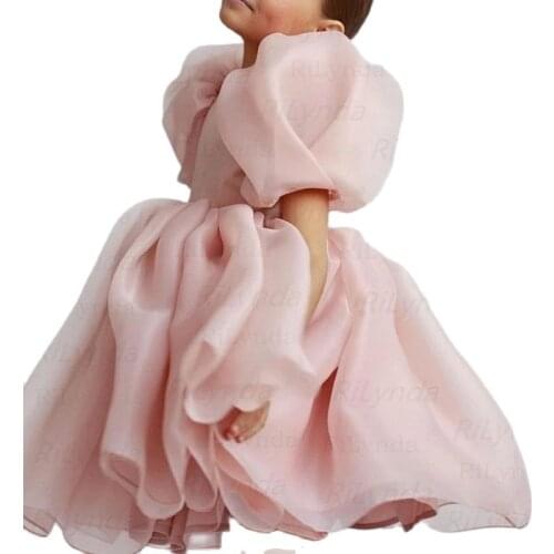 Pink Flower Pageant Dresses For Wedding Kids Ball Gowns Tiered Ruffles Backless First Communion Dresses For Girls