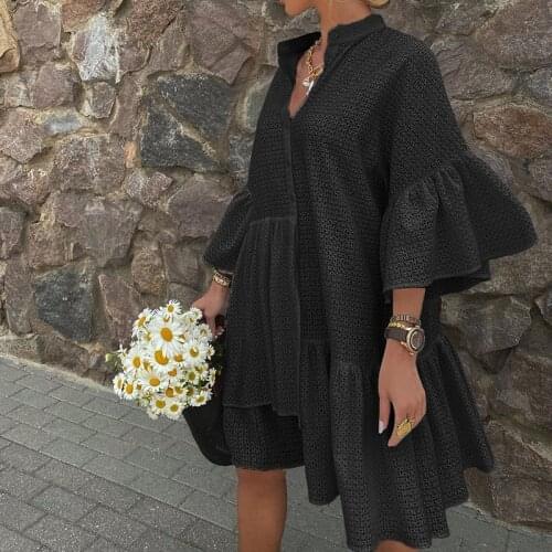 Sexy Mesh See Through Shirt Dress Autumn Three Quarter Sleeve Solid Black Mini Dress Loose V Neck Flare Sleeve Ruffle Dresses