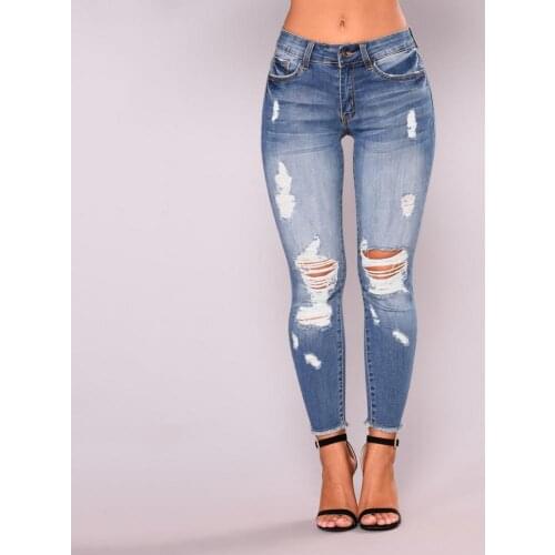 Light Blue Ripped Jeans For Women Street Style Sexy Distressed Trouser Stretch High-waist Tight Denim Cropped Pants Plus Size