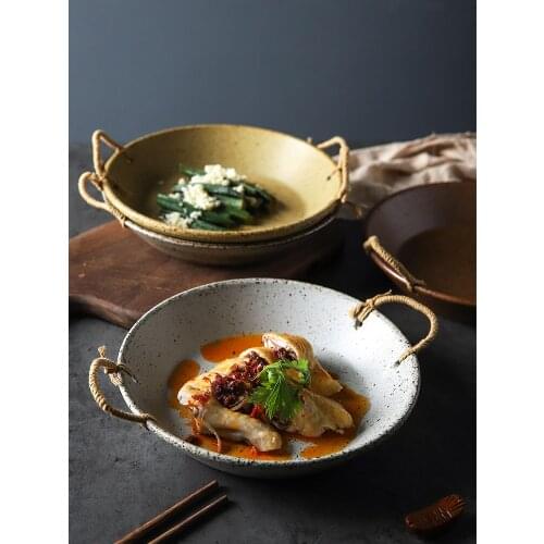 Retro stoneware hemp rope plate Japanese retro ceramic tableware household binaural deep dish soup plate Western dinner plate