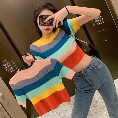 Thin Knitted T Shirt Women Clothes 2021 Summer Woman Short Sleeve Tshirt Tops Striped Casual T-Shirt Tees Female Femme Y343
