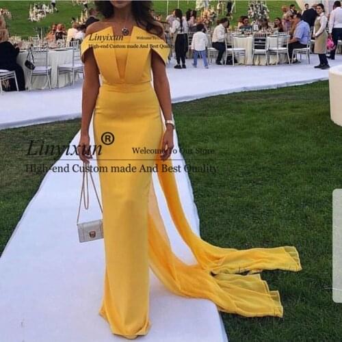 Ew Arrival Mermaid Yellow evening dresses Long 2020 Evening gown Simple Abiye abendkleider dubai Evening Dress Custom Prom Dress