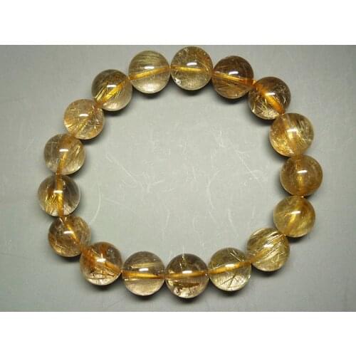 12mm Natural Titanium Gold Yellow Rutilated Quartz Crystal Round Beads Stretch Charm Women Bracelets