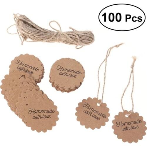 100pcs Kraft Paper Tags with Strings Baking Food Favors Clothes Package Hangtags Cards Labels Biscuit Box Candy Bag Tags