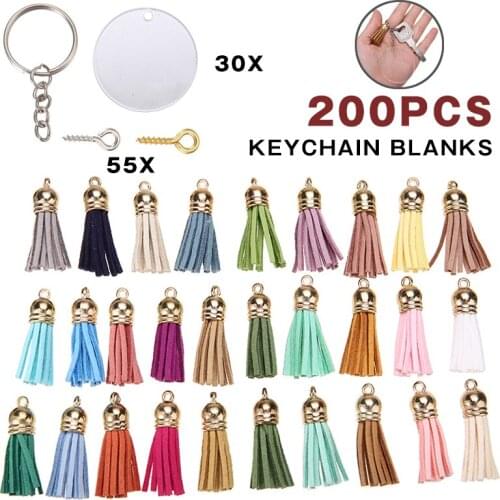 200pcs/set Keychain Blanks Transparent Circle Acrylic Discs Keychain Blanks Tassel Pendants DIY Handmade Craft Kit