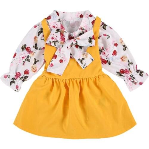 2021 0-5Y Boho Kids Baby Girl Fall Clothes Bow-knot Collar Flora Print Long Sleeve Blouse Yellow Solid Bandage Tutu Skirt 2pcs