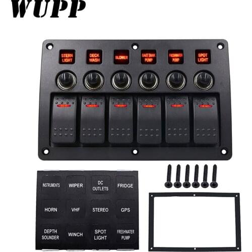 6 Gang Boat Rocker Switch Panel Auto/Marine/Yacht AC/DC LED Light Waterproof Circuit Breakers Switch Panel WUPP