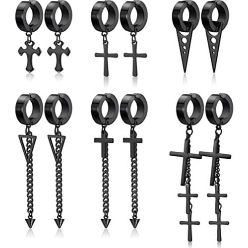 6 Pairs Stainless Steel Clip On Huggie Dangle Earrings for Men Women Long Chain Cross Pendant Non Piercing Earrings