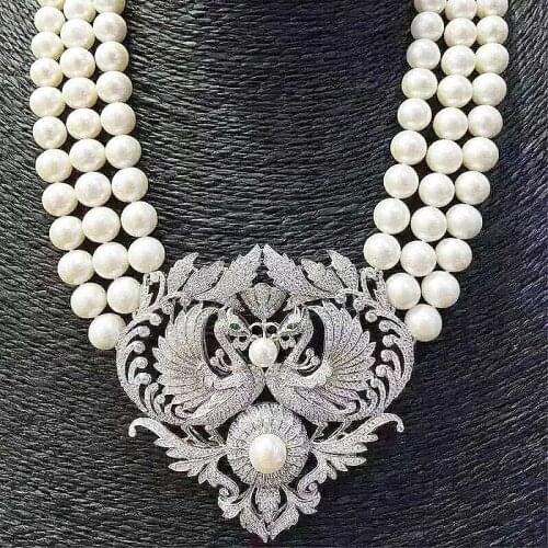 Free shipping 17-19" 3row 7-8mm White Pearl CZ Necklace Brooch Pendant 925 silver micro inlay zircon clasp accessory jewelry