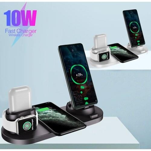 6 in 1 10W Qi Wireless Charger Base Dock Stand Universal Mobile Phone Fast Charging Pad For iPhone 12 For Apple Airpods Watch 6