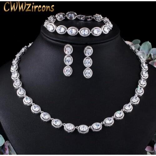 CWWZircons Gorgeous AAA Cubic Zirconia Women Round Big Necklace Earring Bracelet Jewelry Set for Brides Wedding Party Wear T480