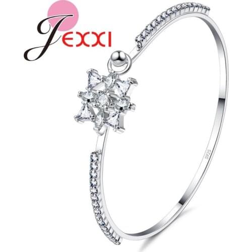 Elegant Wedding Accessories Bijoux 925 Sterling Silver Cubic Zirconia Stone Flower Design Bangle Bracelets Bijoux