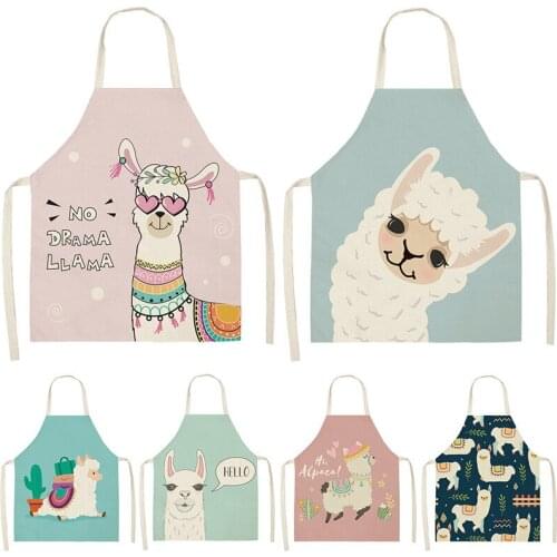 Alpaca Llama Cactus Printed Cotton Linen Sleeveless Aprons Kitchen Women Pinafore Home Cooking Baking Waist Bib Tablier Cuisine
