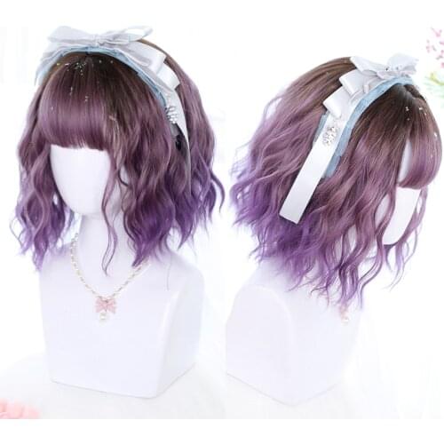 GAKA Blue Pink Purple Bob Synthetic Wigs Lolita Short Bob Wig With Bangs Cosplay Wavy Synthetic Hair Wigs for Women Natural Hair