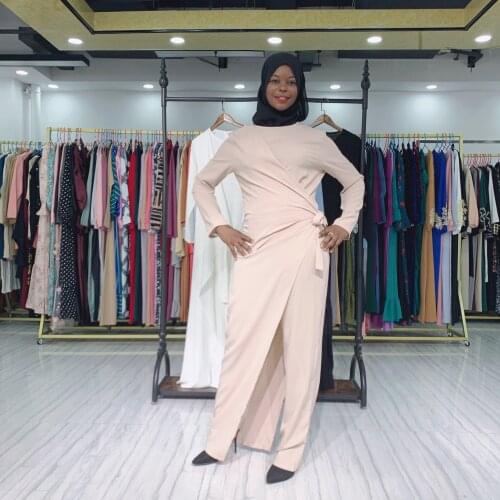 Women Wrap Waist Jumpsuit Romper Muslim Modest Outfit Full Sleeves Long Pants Set American England Playsuits Solid Color Ramadan