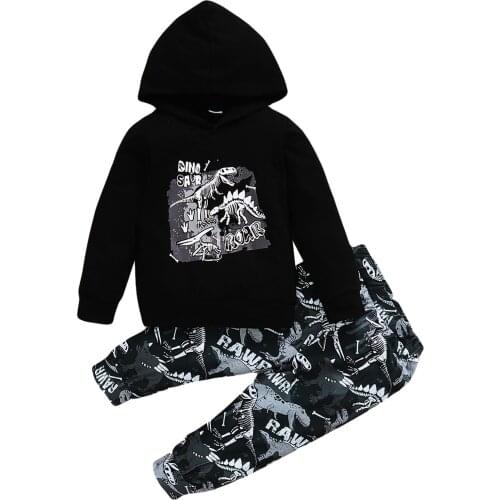 Boy Fashion Clothing Sets Children Kids Baby Dinosaur Print Hooded Long Sleeves Sweatshirt+Pants Casual Autumn Clothes Outfits