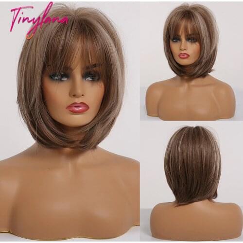 TINY LANA Short Highlight Brown Bob Wig with Bangs High-Temperature Synthetic Wigs for Women Party Natural Hair Wig Cute Cosplay