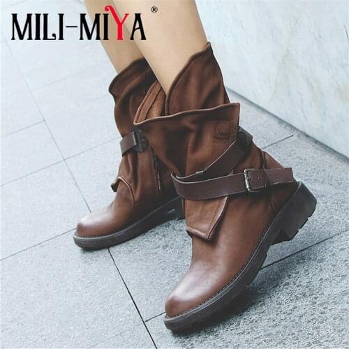 MILI-MIYA Fashion Design Women Sheep Skin Ankle Boots Square Heels Round Toe Western Shoes Zipper Solid Color Buckle Strap