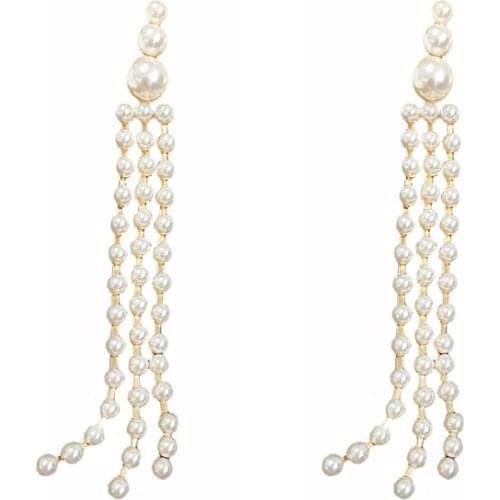Fashion hot joker contracted personality exaggerated pearl tassel earring three rows of pearl long drop earrings
