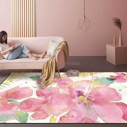 Fashion Watercolor Light Luxury Gold Pink Flower Big Flower Living Room Bedroom Bedside Carpet Floor Mat Customization