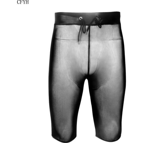 Mens Sexy Couple Underwear Patent Leather Mesh Stitching Slim Ultra-Thin Transparent Soft Shorts Nightclub Gay Wear Costume