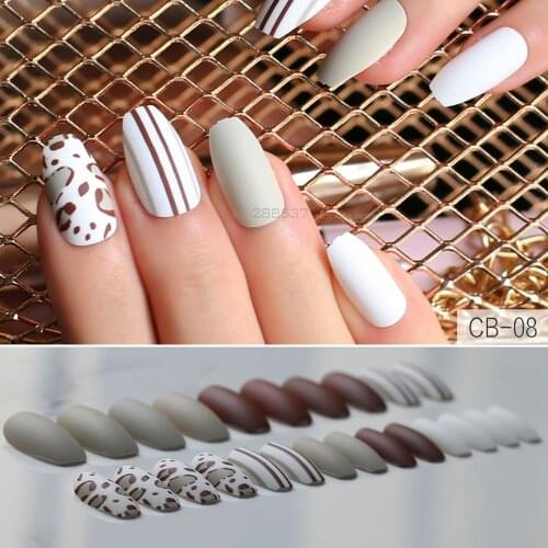 Cute pattern cream coffin nails matte false nails 24psc Nude Medium length gray triangle Line feeling blue matte square fake