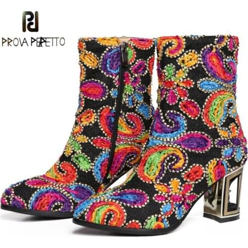 2021 Autumn and Winter New Retro Folk Style Boots Jacquard Fabric Color Pointed Toe Hollow Metal High-heeled Ankle Boots