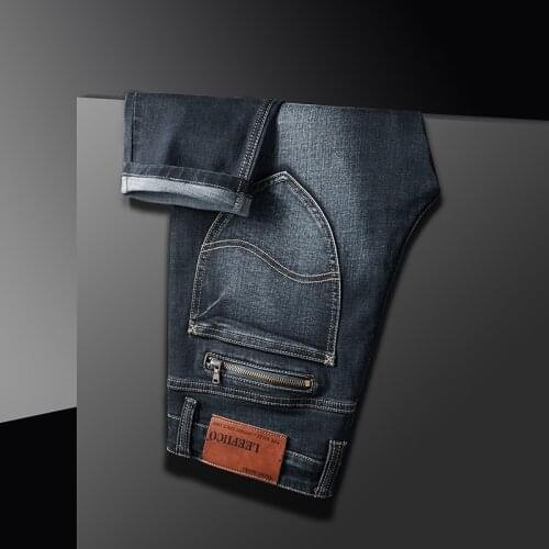 2021 Spring and AutumnNew Mens Slim Fit Jeans Business Solid color Fashion Denim Trousers Stretch Brand Pants Blue-Black