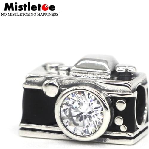 Mistletoe 925 Sterling Silver Black Enamel SLR camera Charm With CZ Bead European Bracelet Jewelry